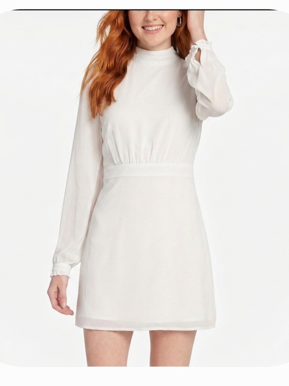 NEW Modcloth White Dress Women's Size 14 Ruffle Neck Long Sleeve Sheer Arm Mini
